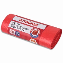 Мешки для мусора 60 л, красный, в рулоне 20 шт., ПНД, 10 мкм, 680х580 мм, LAIMA, 606702 в Коврове